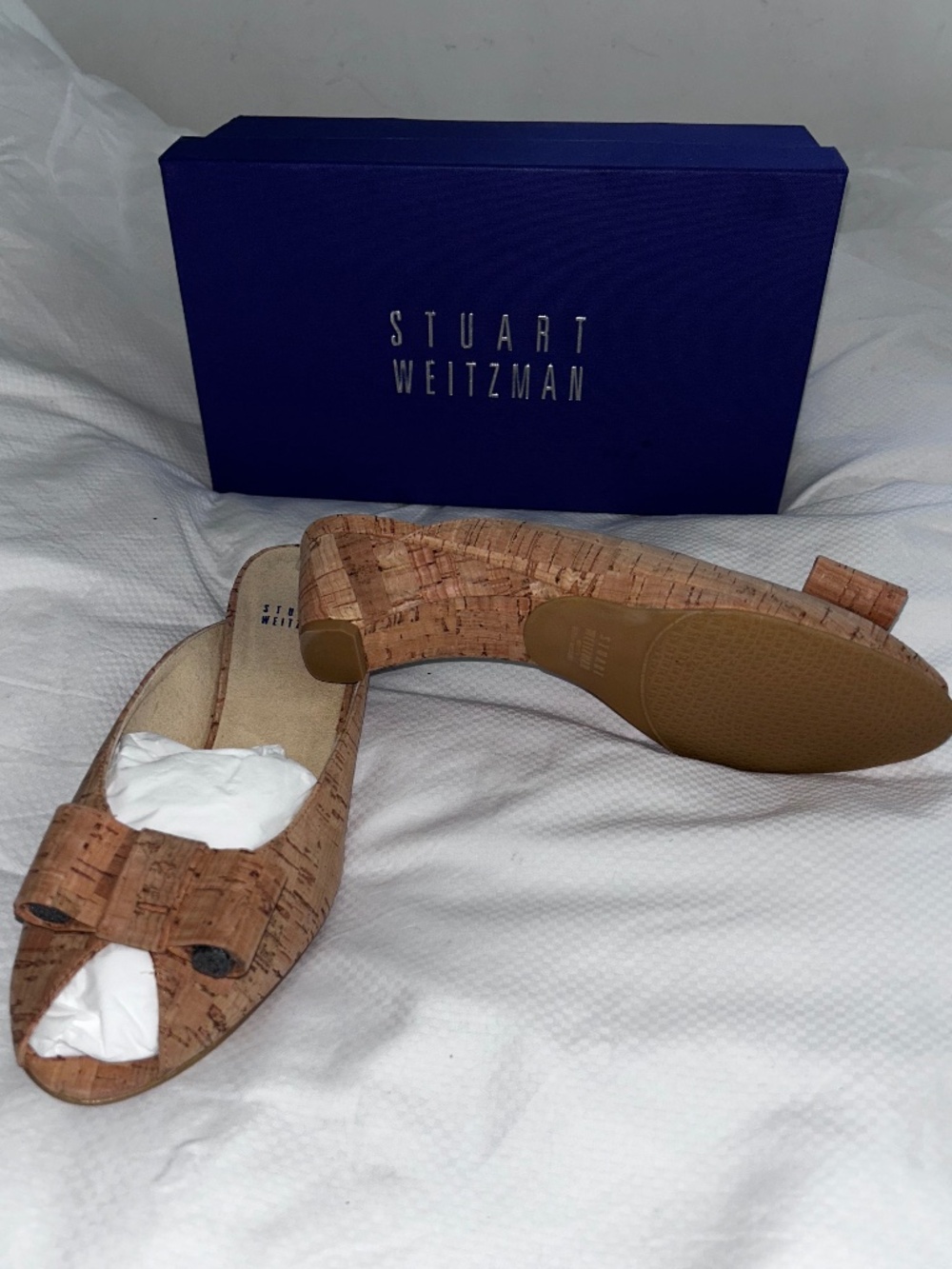 Stuart Weitzamn Candy NEW in box tan natural cork peep toe bow wedge heels 8 1/2